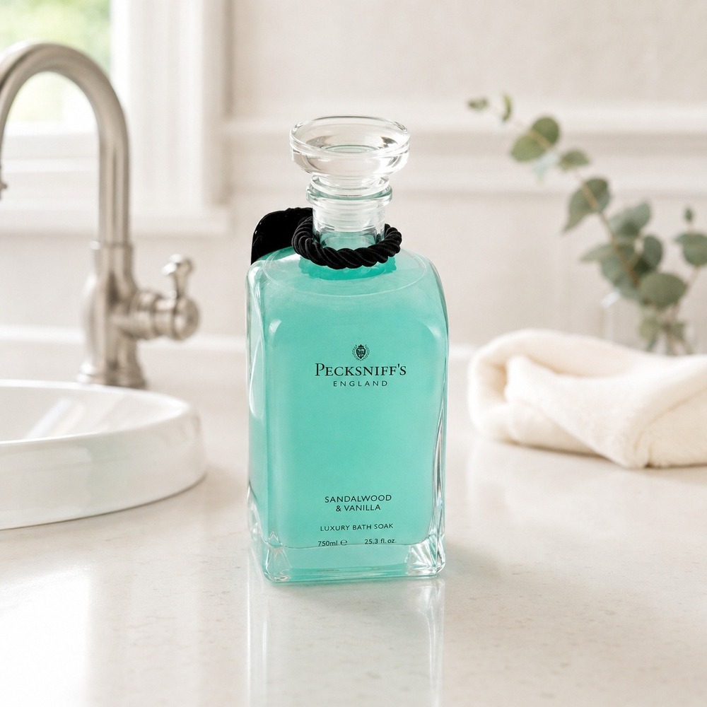 Pecksniff's England Sandalwood & Vanilla Luxury Bath Soak 23.6 oz Glass Decanter